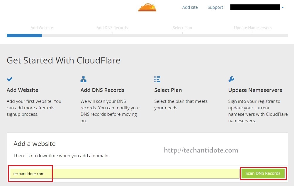 cloudflare add site and scan dns