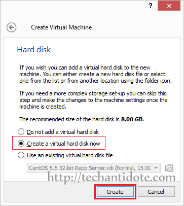 Click "Create a virtual hard disk now"