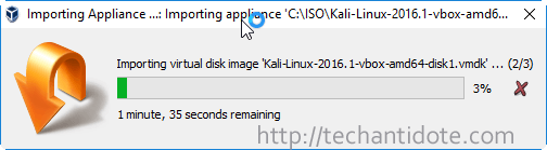 importing kali linux appliance progress bar