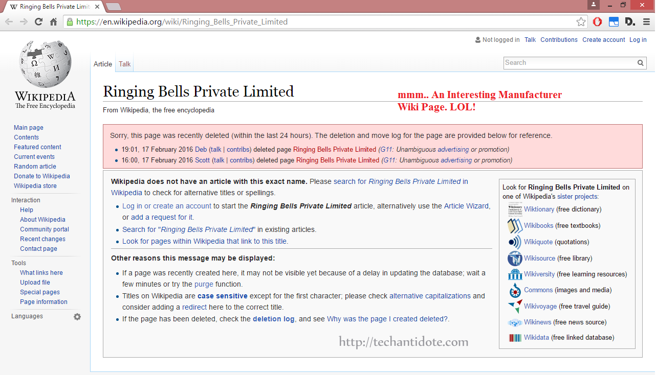 Ringing Bells Private Limited Wikipedia page as on 18 feb 2016 1