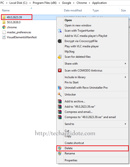delete old chrome folder 49.0.2623.39