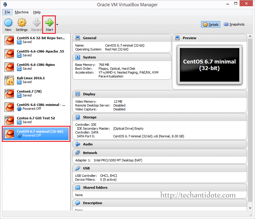 Select CentOS VM and click Start