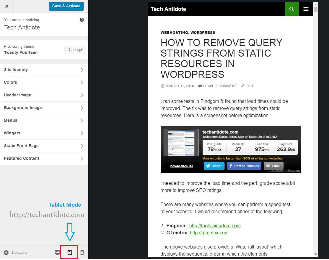 wordpress 4.5 customizer displaying theme in tablet mode