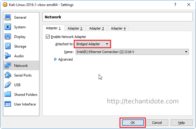 Select Kali Linux network mode to Bridged Adapter