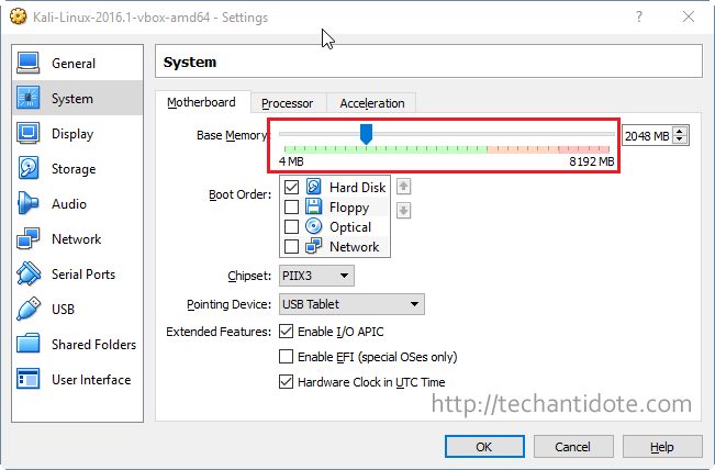 select ram for your Kali Linux VM