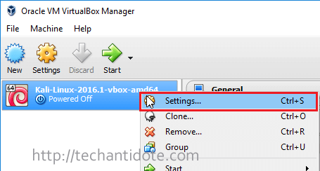 open kali linux virtual machine Settings