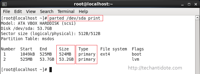 parted /dev/sda print centos