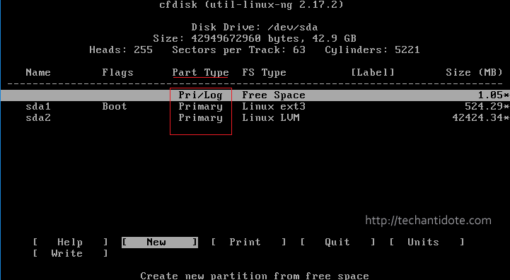 centos cfdisk sample output