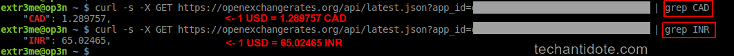 Output for filtered currency rates in Linux terminal. USD to INR and USD CAD currency exchange rates example outputs.