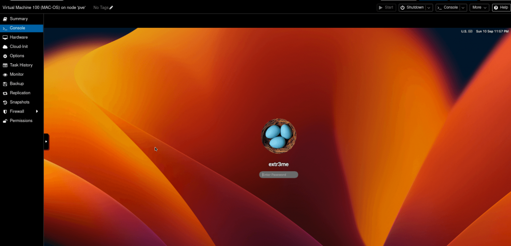 MacOS VM login screen after installaton